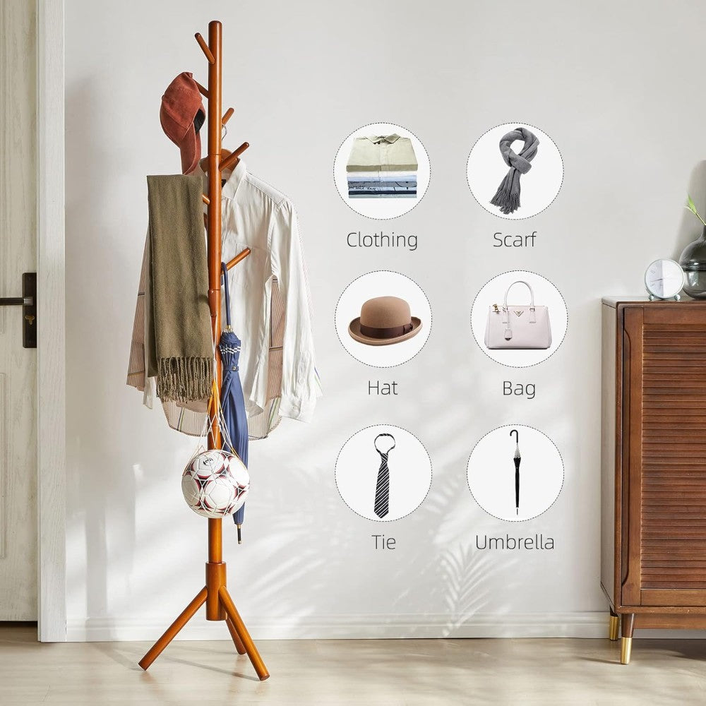Wooden Coat Tree with 8 Hooks -Walnut