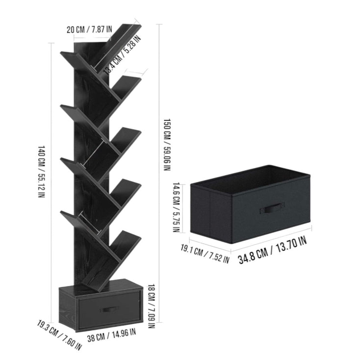 9 Tier Tree Bookshelf with Drawer Black