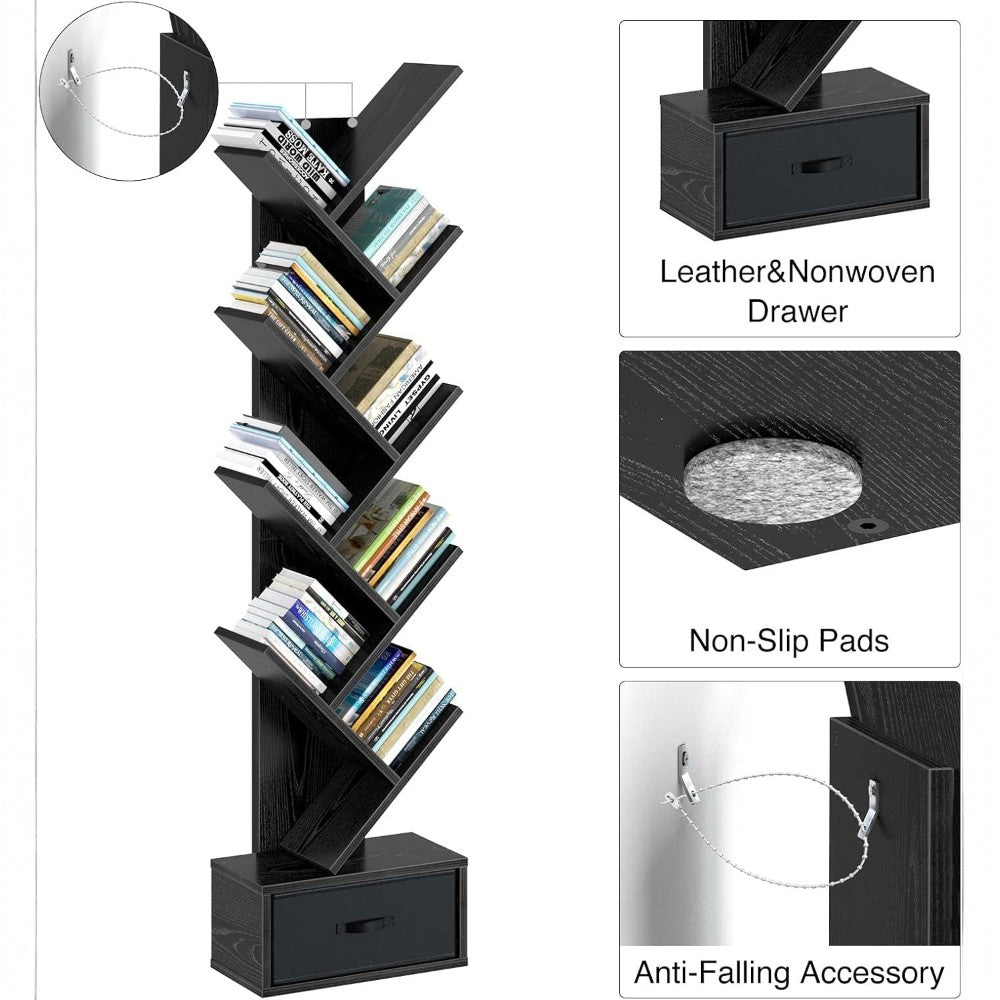 9 Tier Tree Bookshelf with Drawer Black