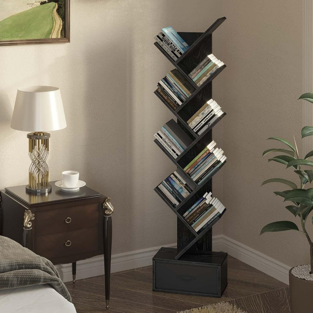 9 Tier Tree Bookshelf with Drawer Black