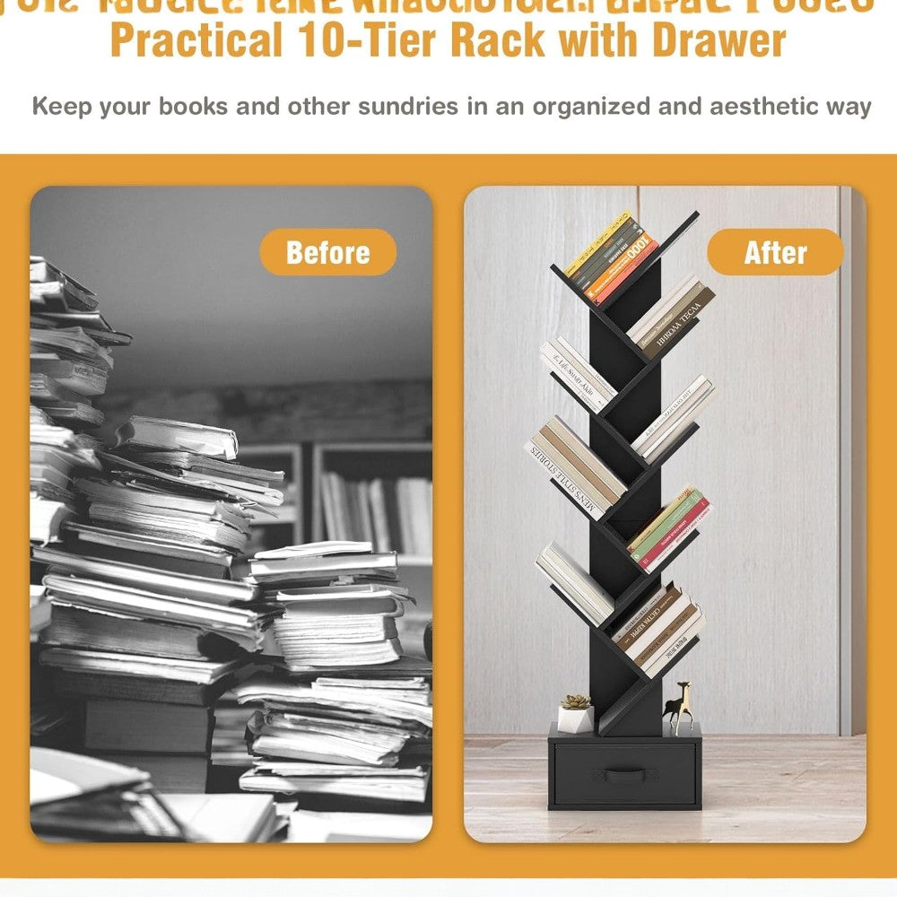 9 Tier Tree Bookshelf with Drawer Black