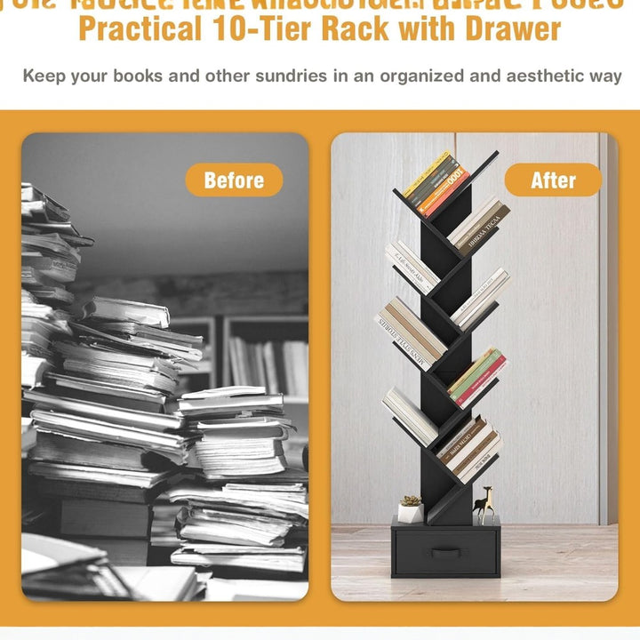 9 Tier Tree Bookshelf with Drawer Black
