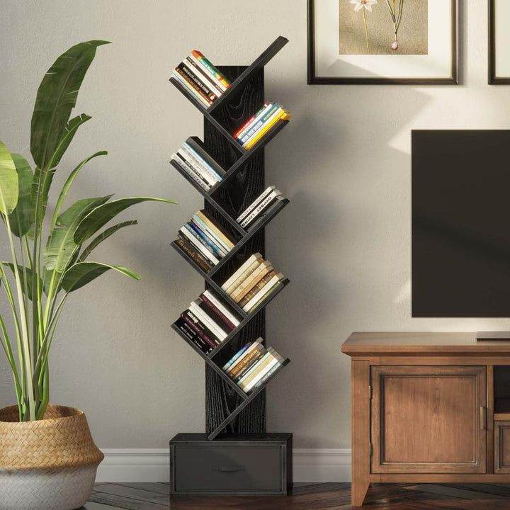 9 Tier Tree Bookshelf with Drawer Black