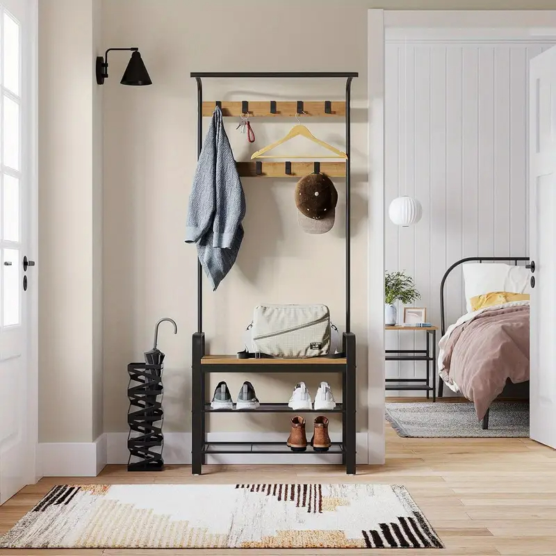 4-in-1 Hall Tree Coat Rack with Shoe Bench and Storage Shelves