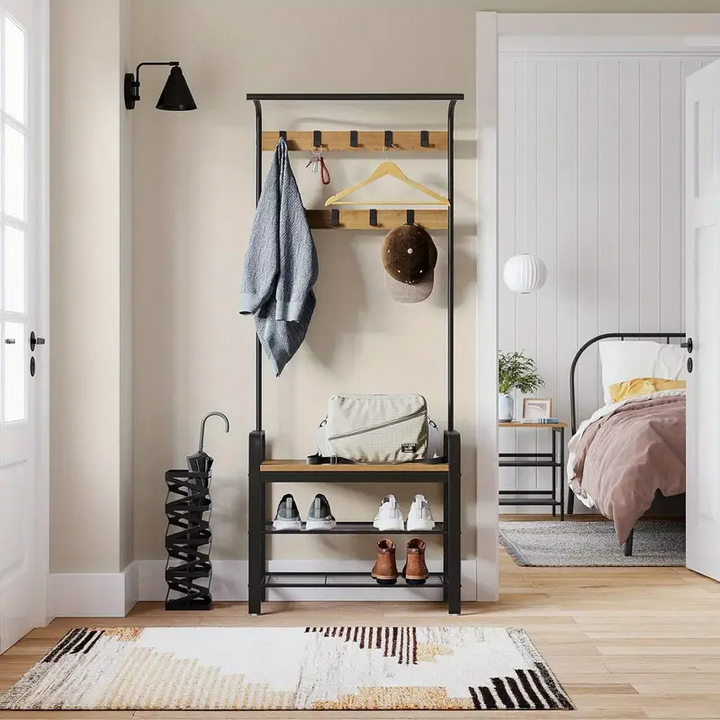 4-in-1 Hall Tree Coat Rack with Shoe Bench and Storage Shelves