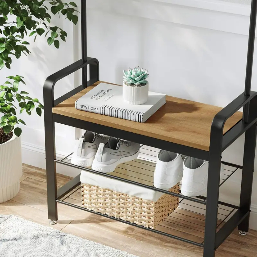 4-in-1 Hall Tree Coat Rack with Shoe Bench and Storage Shelves