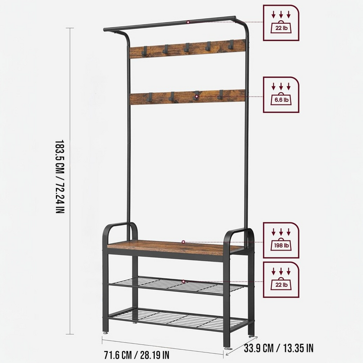 4-in-1 Hall Tree Coat Rack with Shoe Bench and Storage Shelves