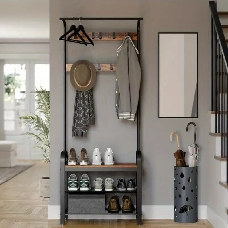 4-in-1 Hall Tree Coat Rack with Shoe Bench and Storage Shelves