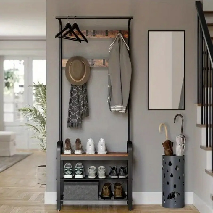4-in-1 Hall Tree Coat Rack with Shoe Bench and Storage Shelves