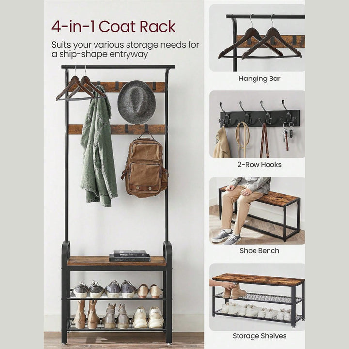 4-in-1 Hall Tree Coat Rack with Shoe Bench and Storage Shelves
