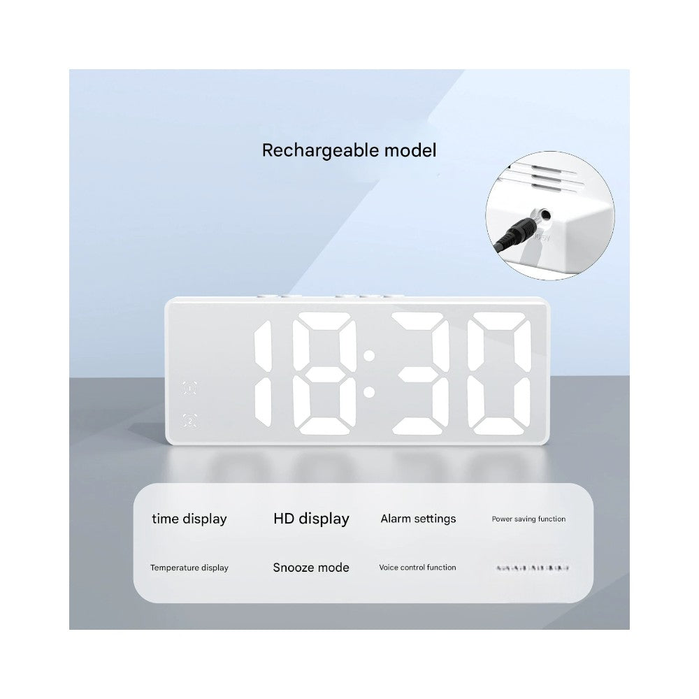 LED Mirror Large Display Desk Clock with Temperature Snooze Dual Alarms - White