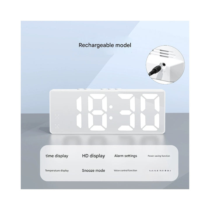 LED Mirror Large Display Desk Clock with Temperature Snooze Dual Alarms - White