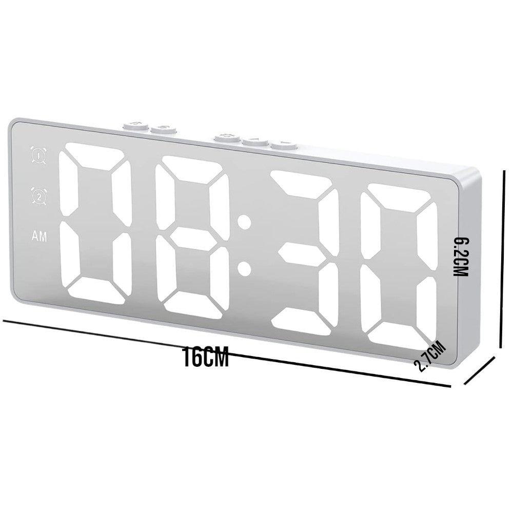 LED Mirror Large Display Desk Clock with Temperature Snooze Dual Alarms - White