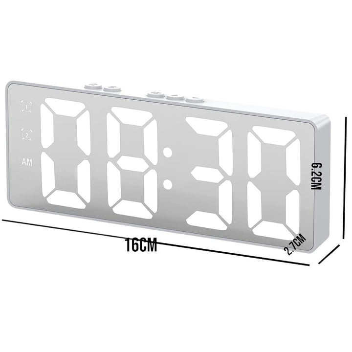 LED Mirror Large Display Desk Clock with Temperature Snooze Dual Alarms - White