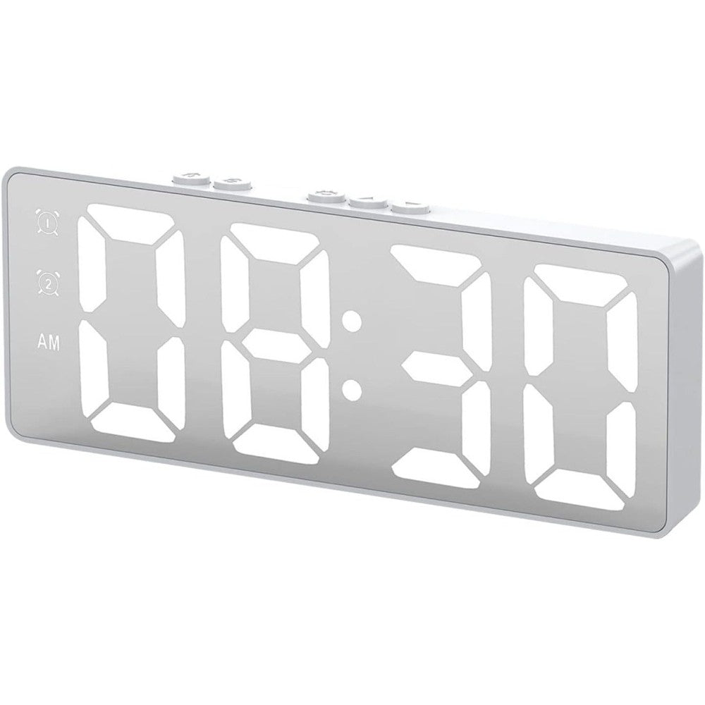 LED Mirror Large Display Desk Clock with Temperature Snooze Dual Alarms - White