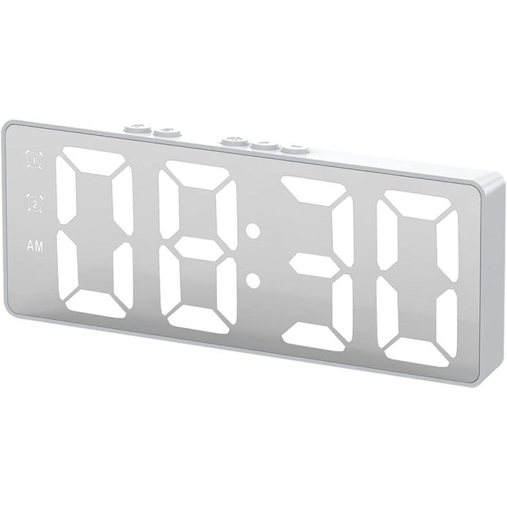 LED Mirror Large Display Desk Clock with Temperature Snooze Dual Alarms - White