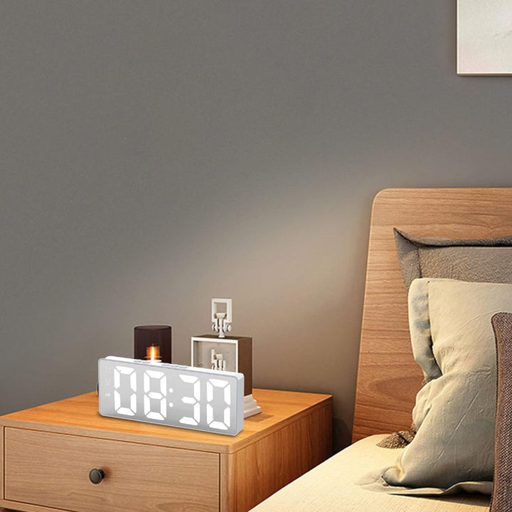 LED Mirror Large Display Desk Clock with Temperature Snooze Dual Alarms - White