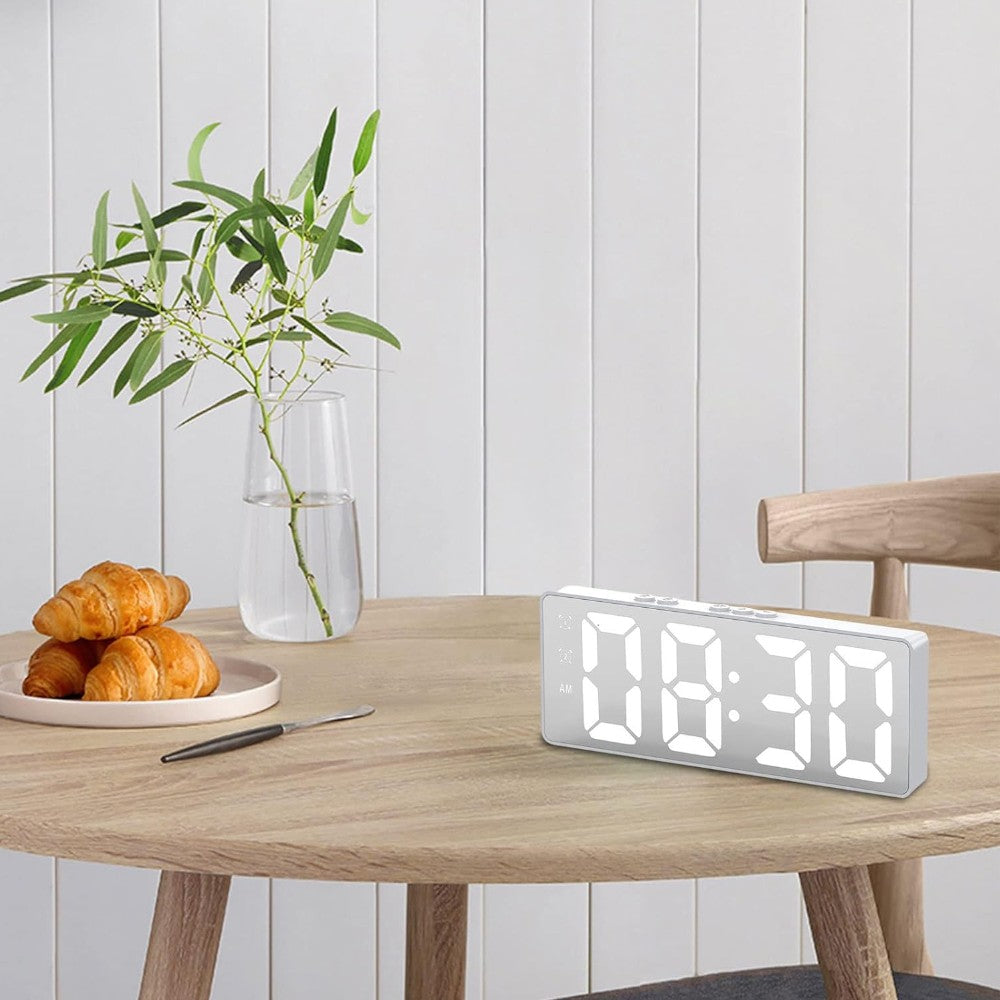 LED Mirror Large Display Desk Clock with Temperature Snooze Dual Alarms - White