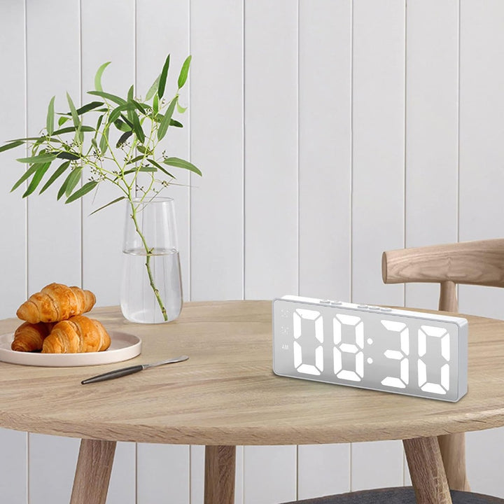 LED Mirror Large Display Desk Clock with Temperature Snooze Dual Alarms - White
