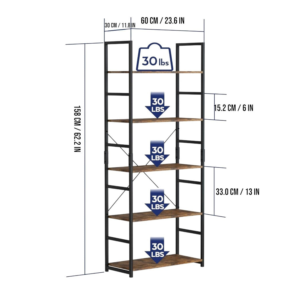 5 Tier Bookshelf 30×60×158 cm Heavy Duty Storage Rack