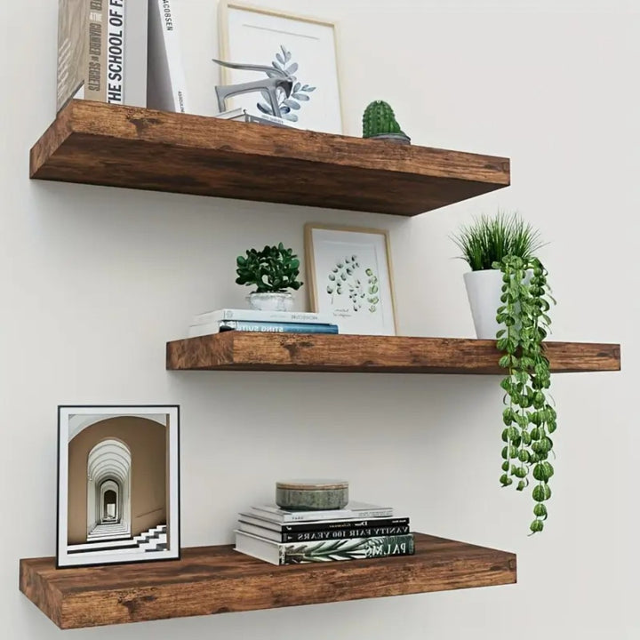 Set of 2 Floating Wall Shelves with Metal Bracket - Brown