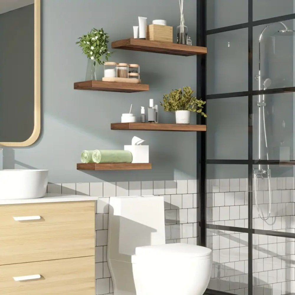 Set of 2 Floating Wall Shelves with Metal Bracket - Brown