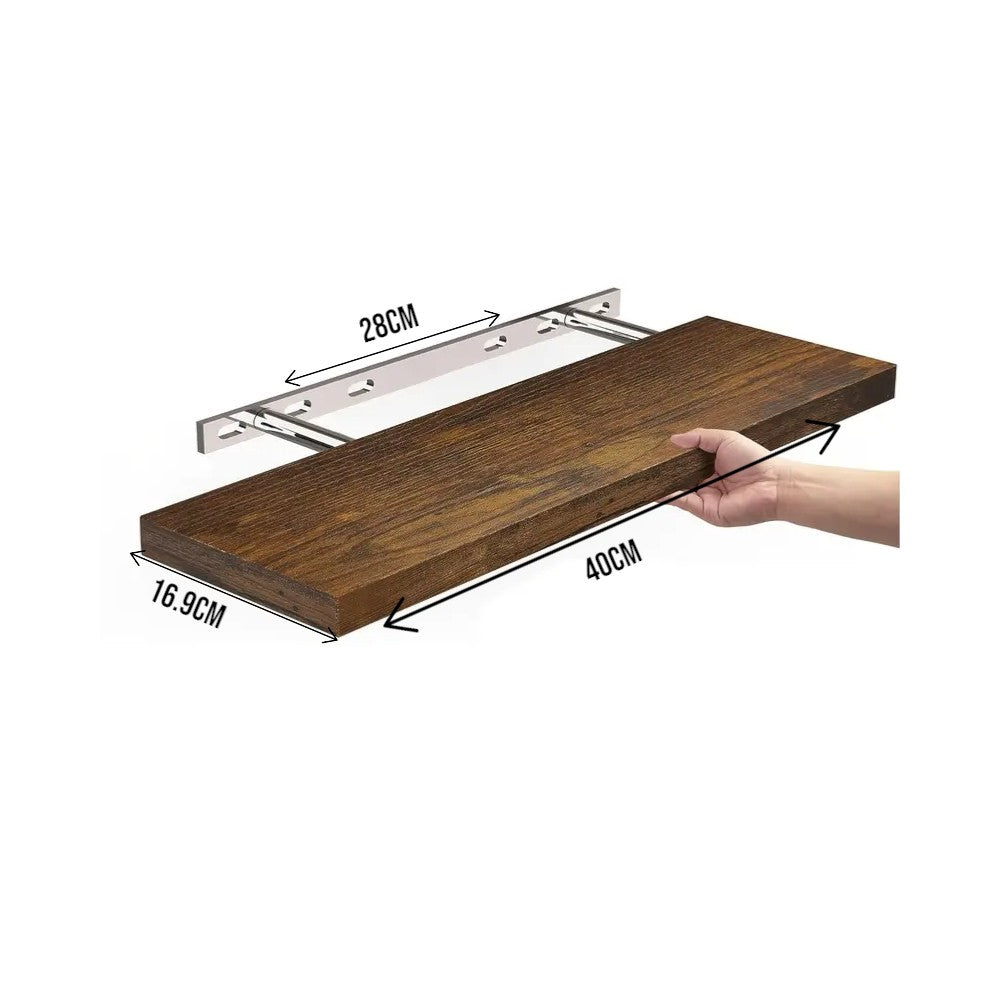 Set of 2 Floating Wall Shelves with Metal Bracket - Brown
