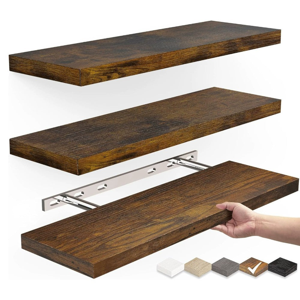 Set of 2 Floating Wall Shelves with Metal Bracket - Brown