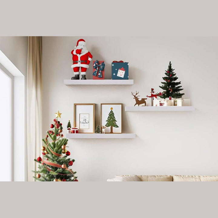 Set of 2 Floating Wall Shelves with Metal Bracket - White