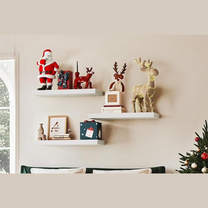 Set of 2 Floating Wall Shelves with Metal Bracket - White