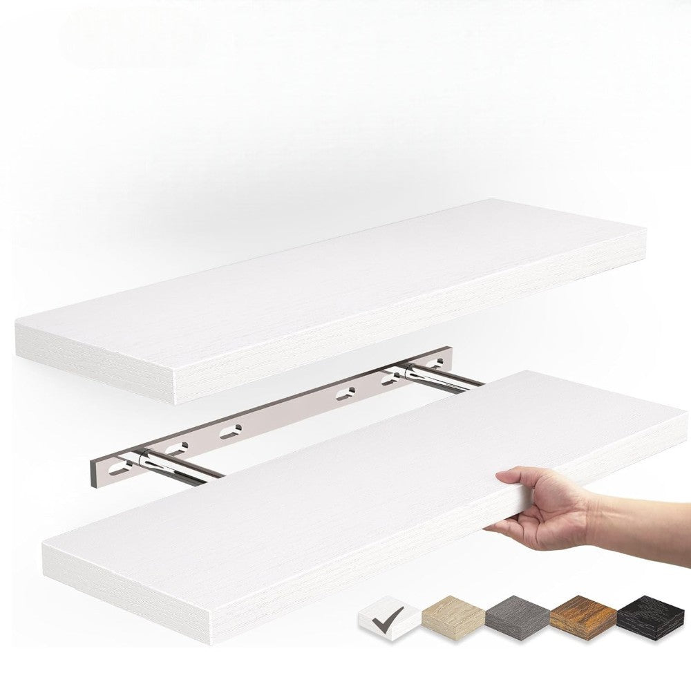Set of 2 Floating Wall Shelves with Metal Bracket - White