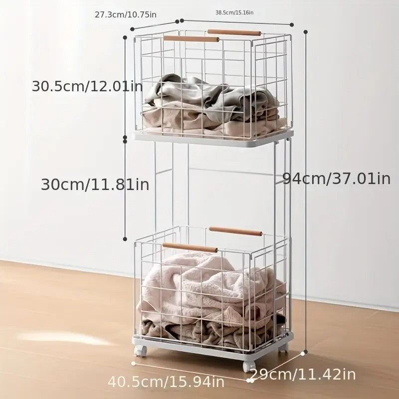 2 Tier Laundry Basket Cart with Wheels Removable Wire Baskets
