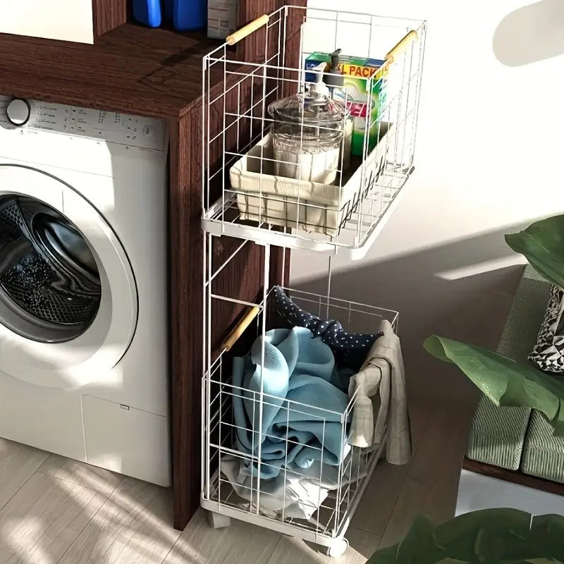 2 Tier Laundry Basket Cart with Wheels Removable Wire Baskets