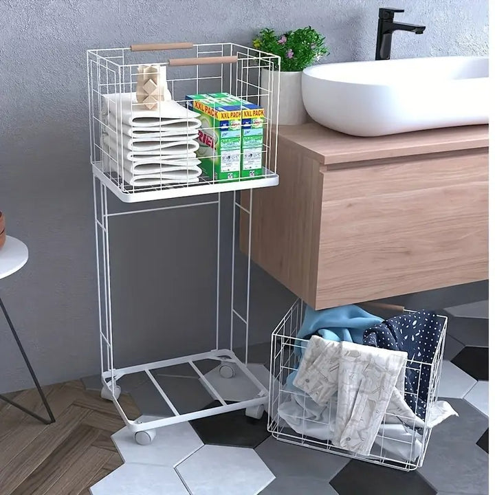 2 Tier Laundry Basket Cart with Wheels Removable Wire Baskets