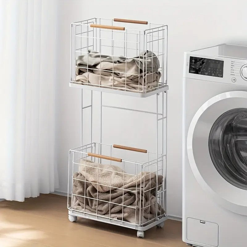 2 Tier Laundry Basket Cart with Wheels Removable Wire Baskets