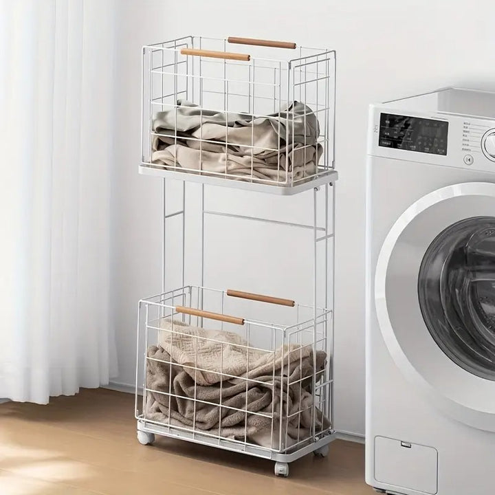2 Tier Laundry Basket Cart with Wheels Removable Wire Baskets