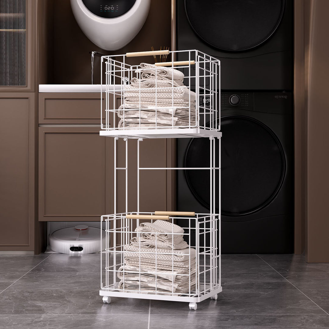 2 Tier Laundry Basket Cart with Wheels Removable Wire Baskets