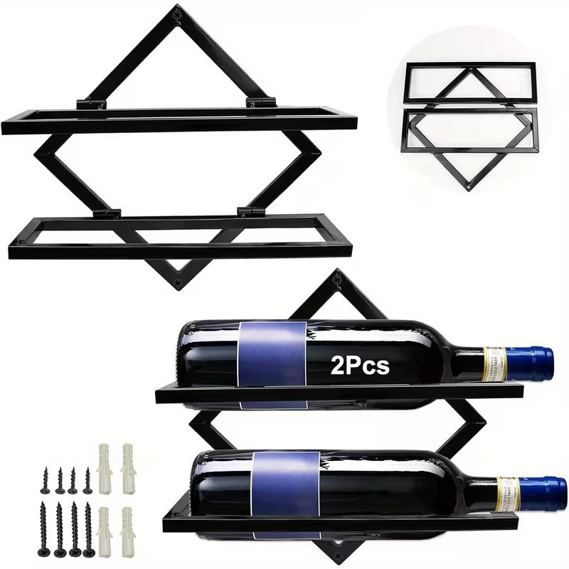 2 Pack Wall Mounted Wine Rack Collapsible Metal Bottle Holder