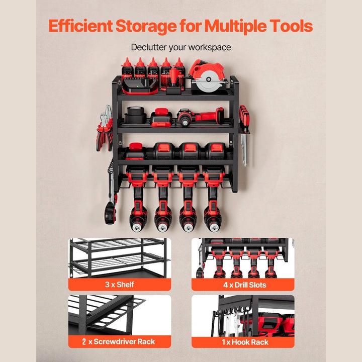 Wall Mounted Power Tool Rack with 4 Drill Slots and Side Hangers