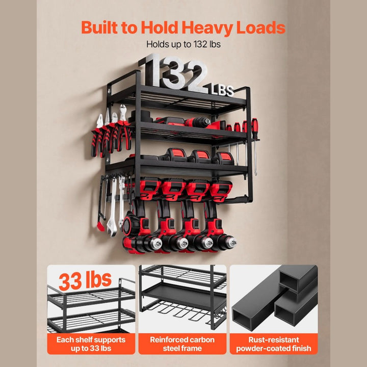 Wall Mounted Power Tool Rack with 4 Drill Slots and Side Hangers