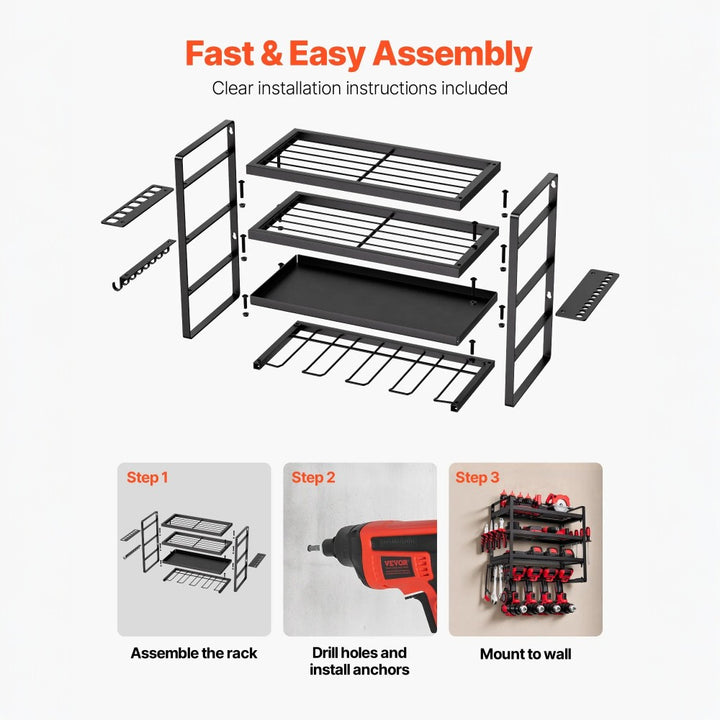 Wall Mounted Power Tool Rack with 4 Drill Slots and Side Hangers