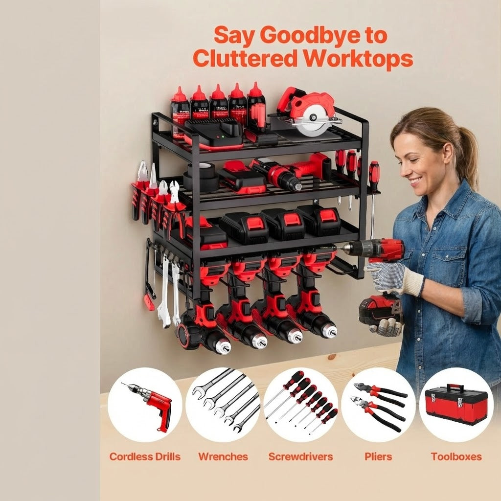 Wall Mounted Power Tool Rack with 4 Drill Slots and Side Hangers