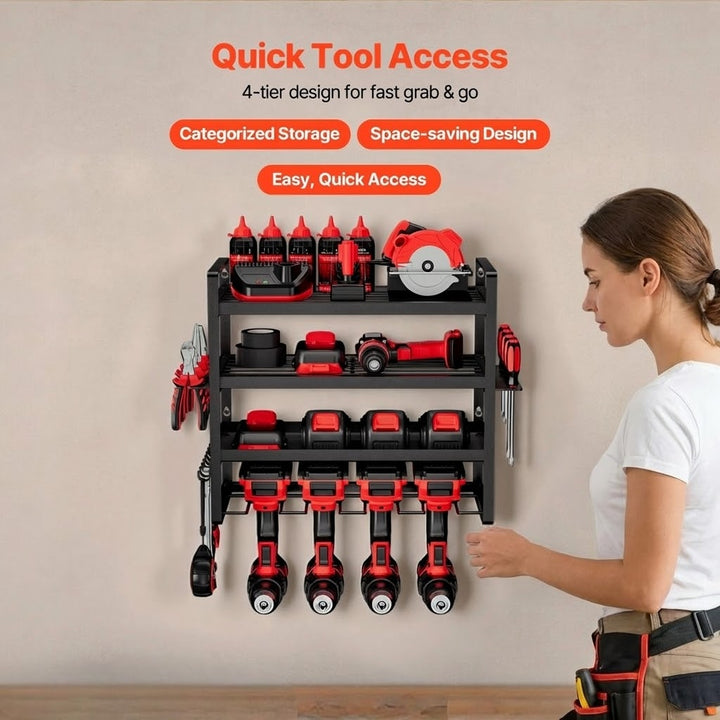 Wall Mounted Power Tool Rack with 4 Drill Slots and Side Hangers