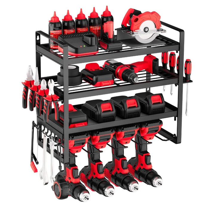 Wall Mounted Power Tool Rack with 4 Drill Slots and Side Hangers