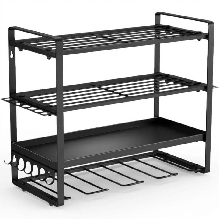 Wall Mounted Power Tool Rack with 4 Drill Slots and Side Hangers
