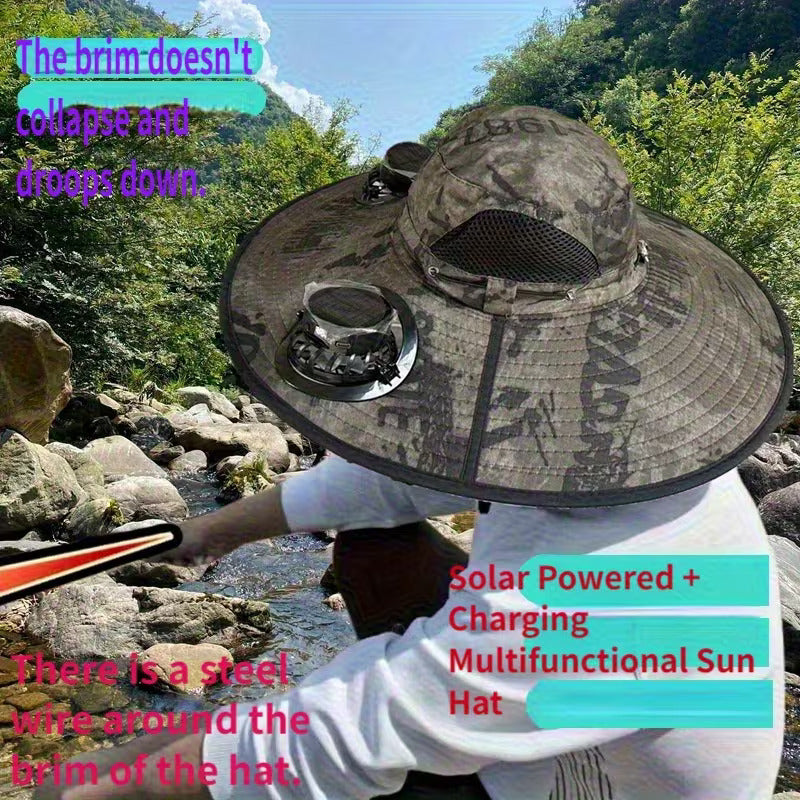 Solar Fan Hat with Dual Cooling Fans USB Rechargeable Wide Brim Sun Hat for Fishing Hiking Outdoor Labor
