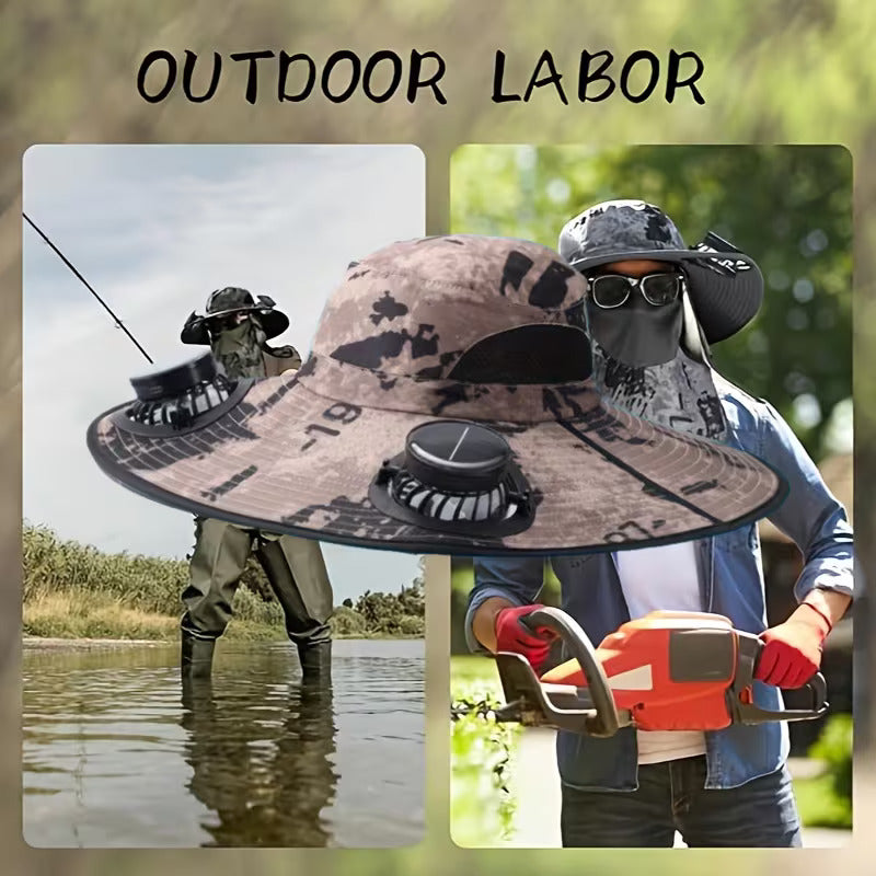 Solar Fan Hat with Dual Cooling Fans USB Rechargeable Wide Brim Sun Hat for Fishing Hiking Outdoor Labor