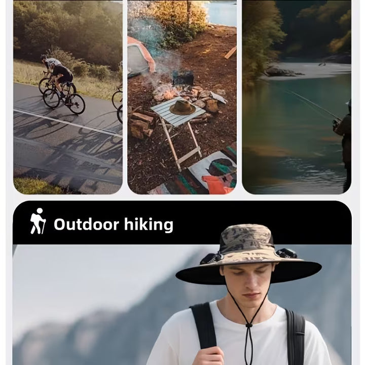 Solar Fan Hat with Dual Cooling Fans USB Rechargeable Wide Brim Sun Hat for Fishing Hiking Outdoor Labor