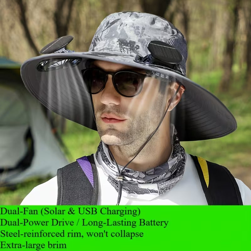 Solar Fan Hat with Dual Cooling Fans USB Rechargeable Wide Brim Sun Hat for Fishing Hiking Outdoor Labor