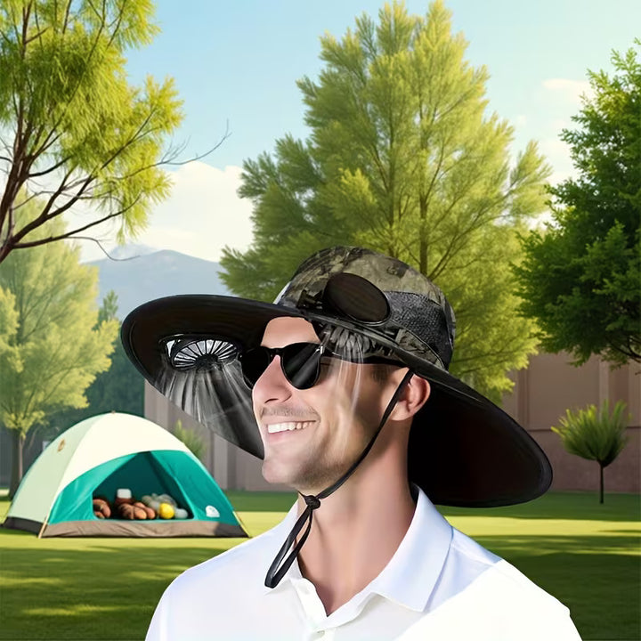 Solar Fan Hat with Dual Cooling Fans USB Rechargeable Wide Brim Sun Hat for Fishing Hiking Outdoor Labor